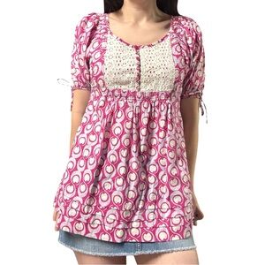 Le Tigre | Y2K Puff Sleeve Eyelet Button Closure Bust Babydoll Tunic Top